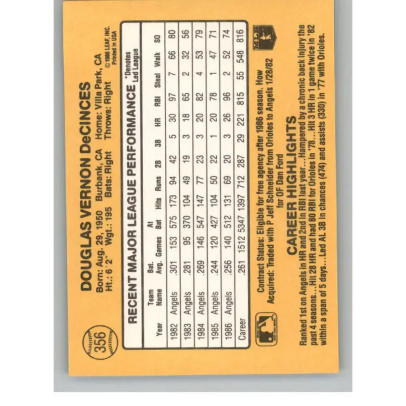 1987 Donruss #356 Doug DeCinces EX Excellent California Angels Baseball Card - Baseball Card Single