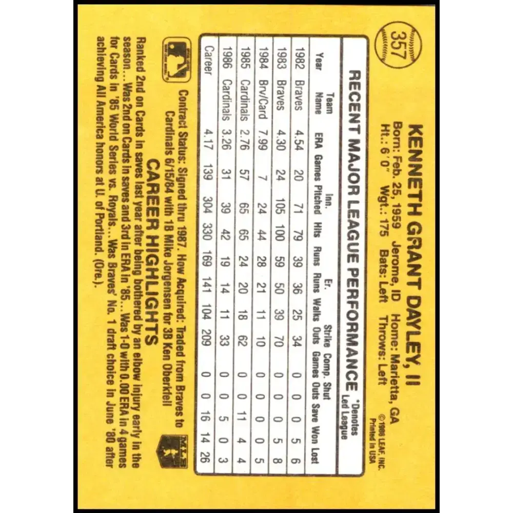 1987 Donruss #357 Ken Dayley EX Excellent St. Louis Cardinals Baseball Card - Baseball Card Single