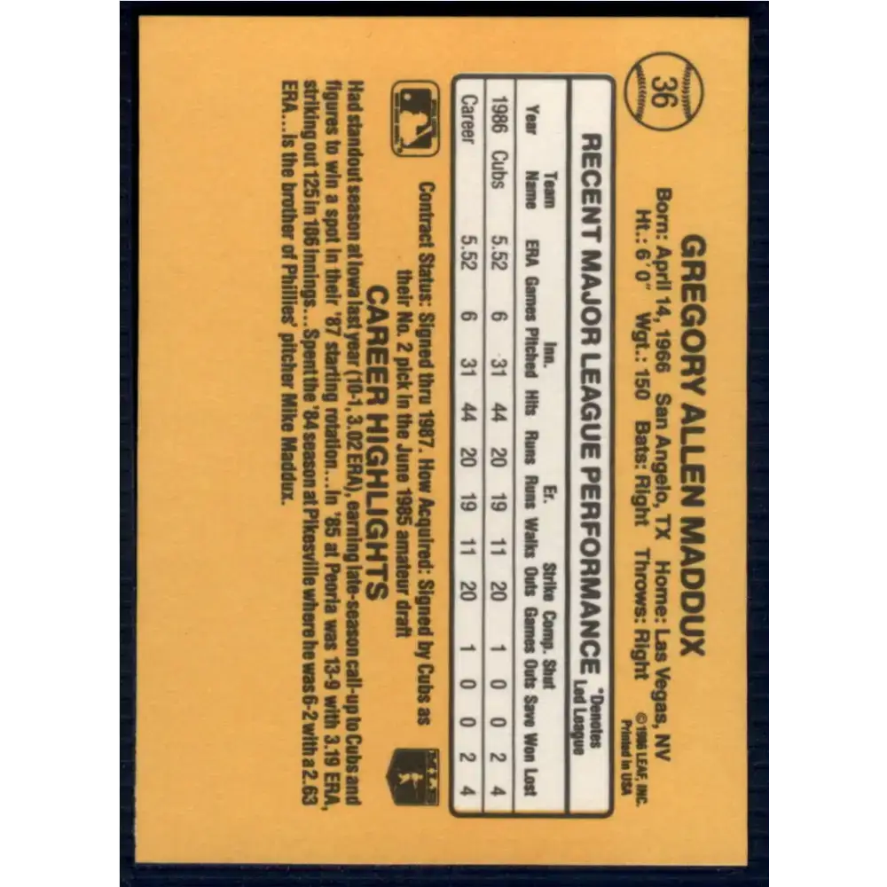 1987 Donruss #36 Greg Maddux EX Excellent RC Rookie Chicago Cubs Baseball Card