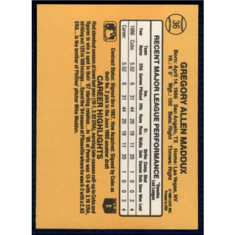 1987 Donruss #36 Greg Maddux EX Excellent RC Rookie Chicago Cubs Baseball Card