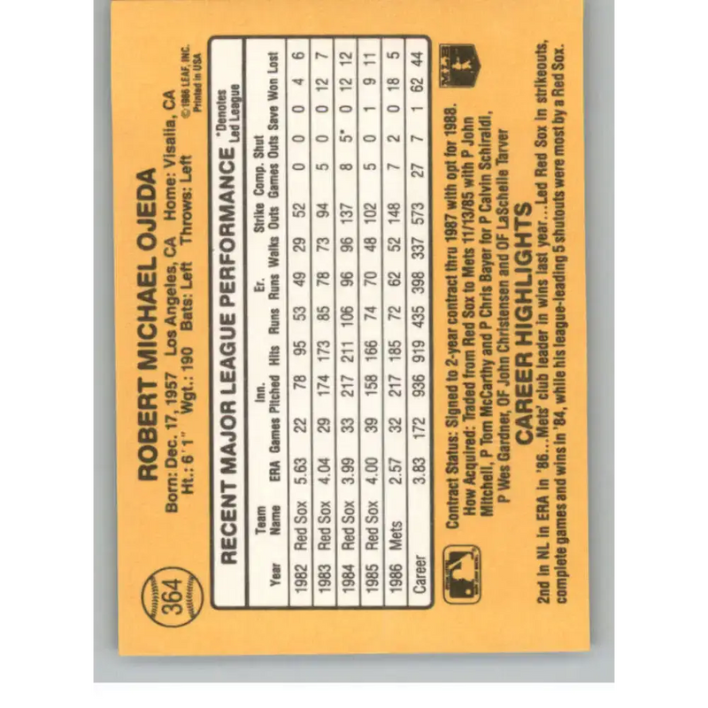 1987 Donruss #364 Bob Ojeda EX Excellent New York Mets Baseball Card - Baseball Card Single