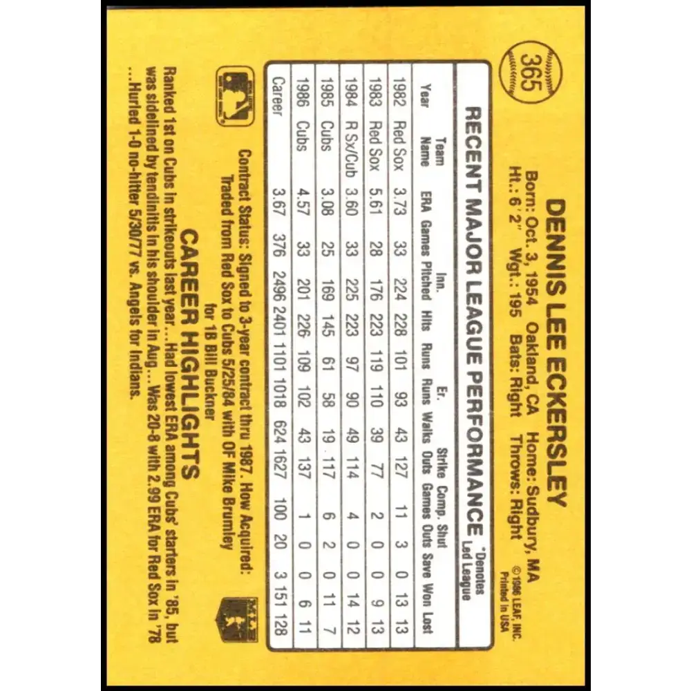 1987 Donruss #365 Dennis Eckersley EX Excellent Chicago Cubs Baseball Card - Baseball Card Single