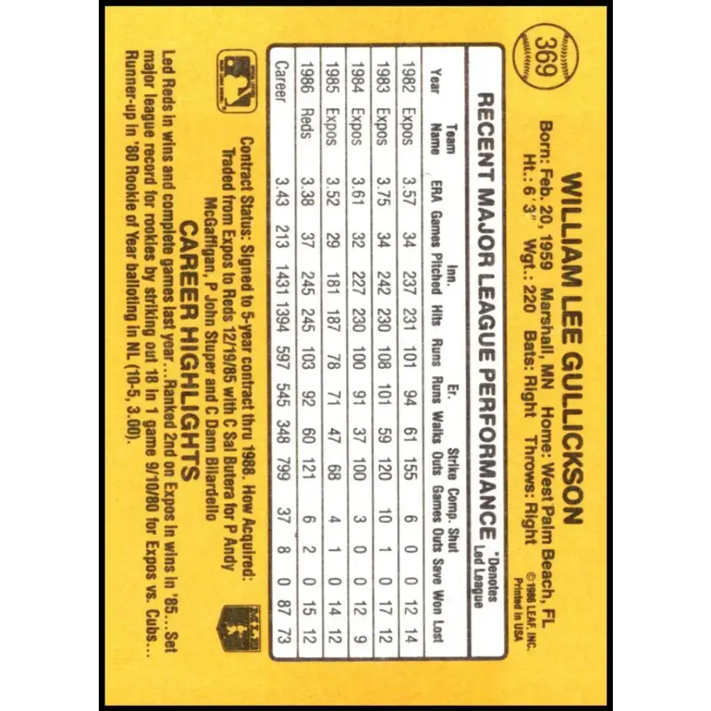 1987 Donruss #369 Bill Gullickson EX Excellent Cincinnati Reds Baseball Card - Baseball Card Single