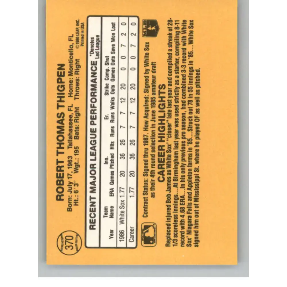 1987 Donruss #370 Bobby Thigpen EX Excellent RC Rookie Chicago White Sox Baseball Card - Baseball Card Single