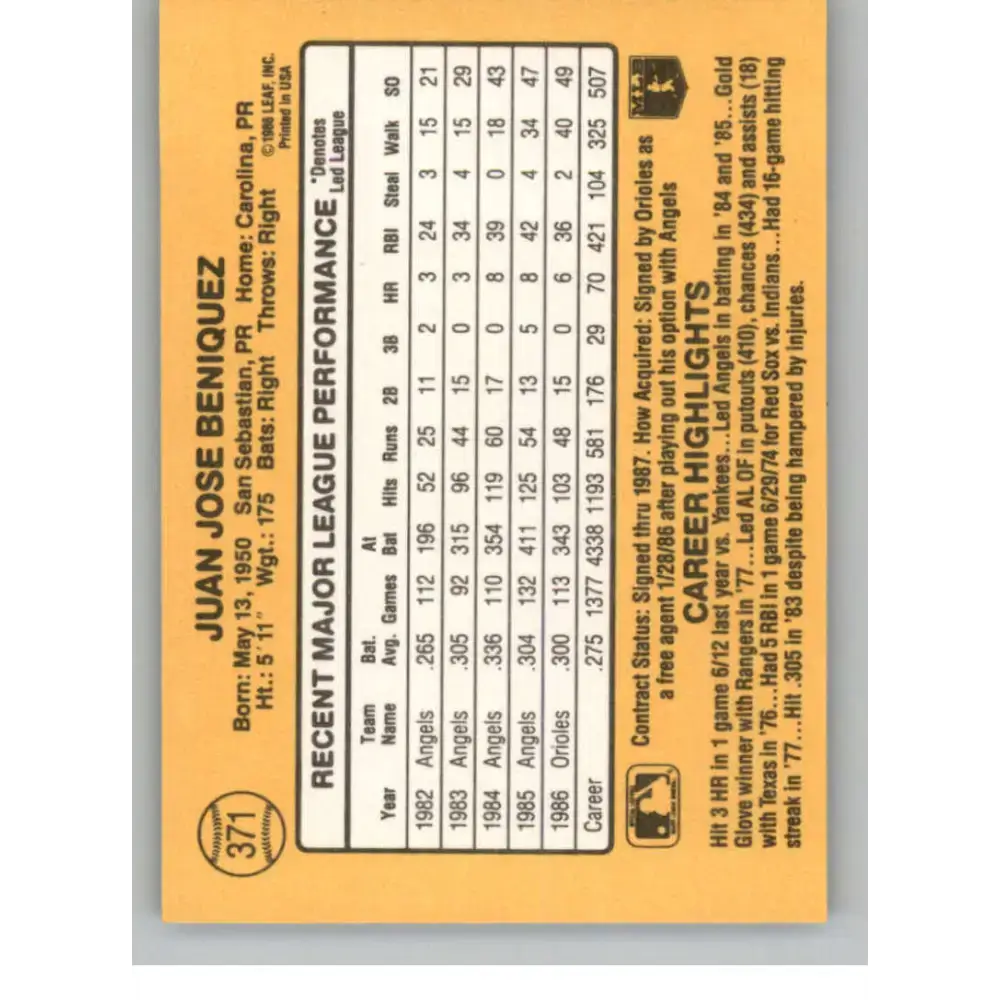1987 Donruss #371 Juan Beniquez EX Excellent Baltimore Orioles Baseball Card - Baseball Card Single