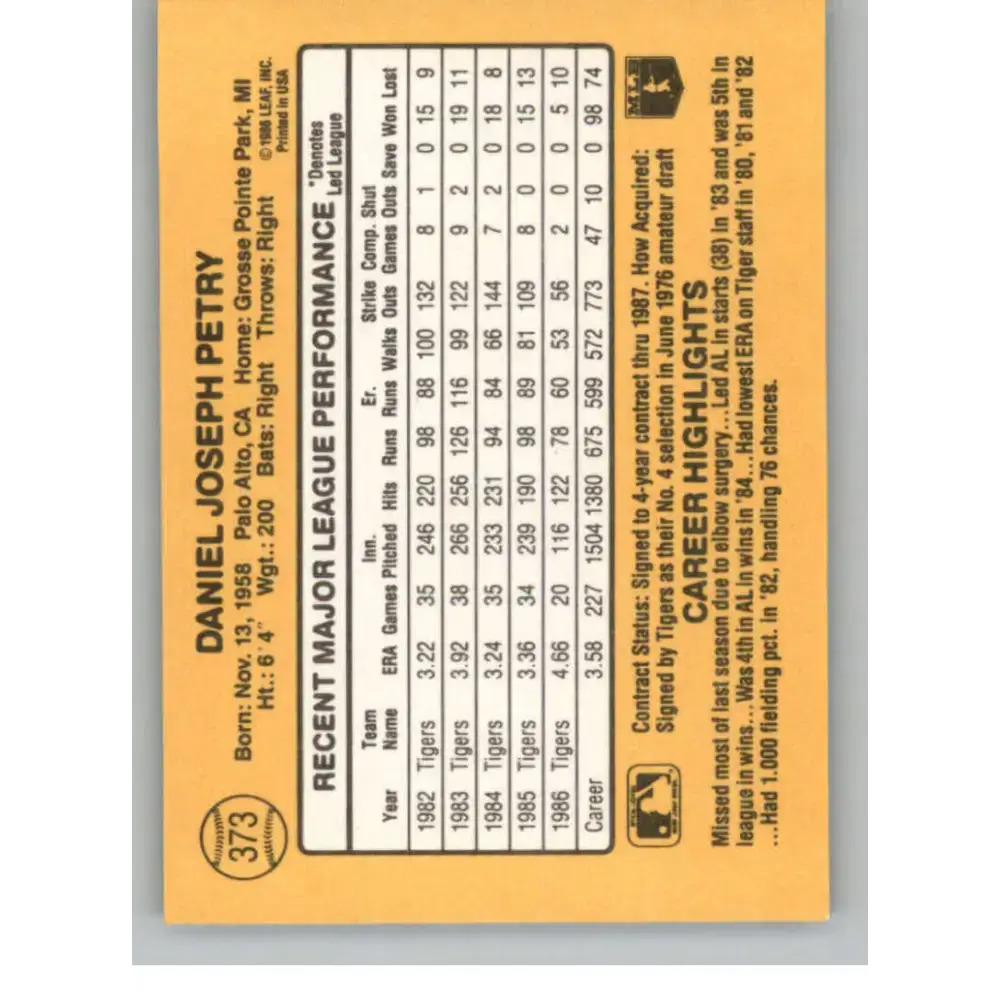 1987 Donruss #373 Dan Petry EX Excellent Detroit Tigers Baseball Card
