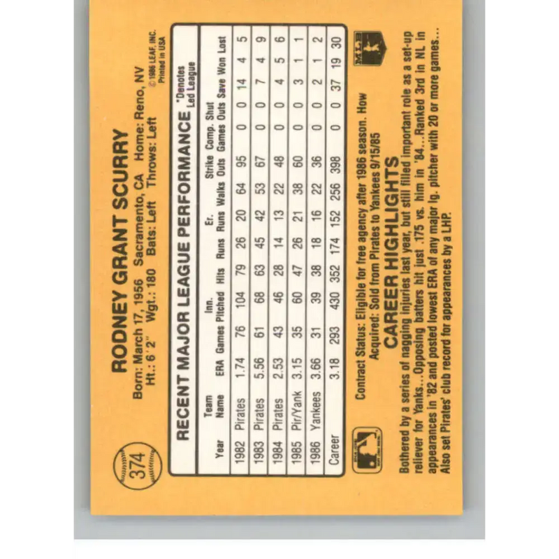 1987 Donruss #374 Rod Scurry EX Excellent New York Yankees Baseball Card