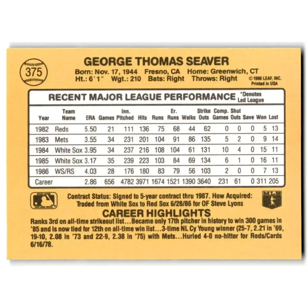 1987 Donruss #375 Tom Seaver EX Excellent Boston Red Sox Baseball Card - Baseball Card Single