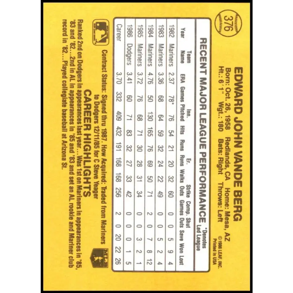 1987 Donruss #376 Ed Vande Berg EX Excellent Los Angeles Dodgers Baseball Card