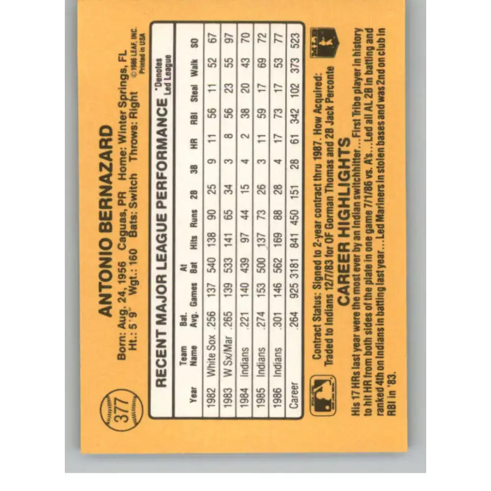 1987 Donruss #377 Tony Bernazard EX Excellent Cleveland Indians Baseball Card - Baseball Card Single
