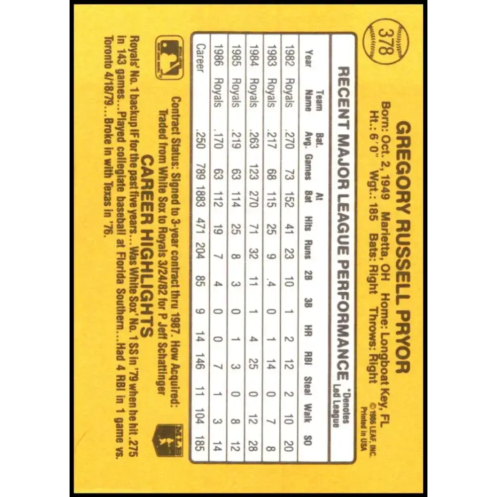1987 Donruss #378 Greg Pryor EX Kansas City Royals Baseball Card - Baseball Card Single