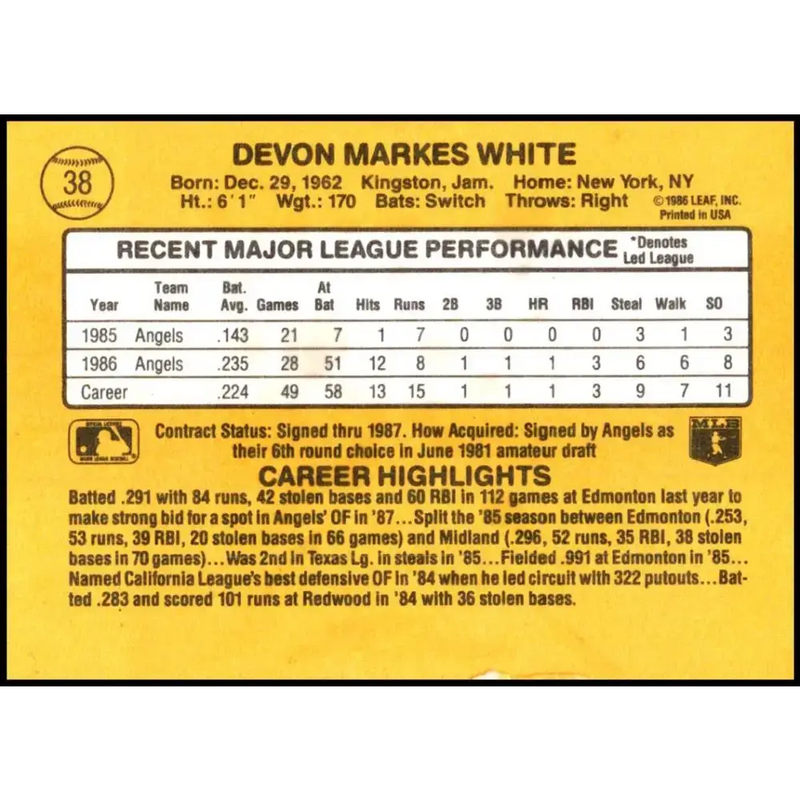 1987 Donruss #38 Devon White EX Excellent RC Rookie California Angels Baseball Card - Baseball Card Single