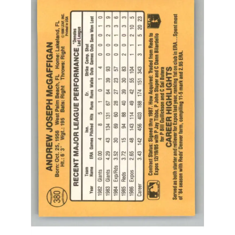 1987 Donruss #380 Andy McGaffigan EX Excellent Montreal Expos Baseball Card - Baseball Card Single
