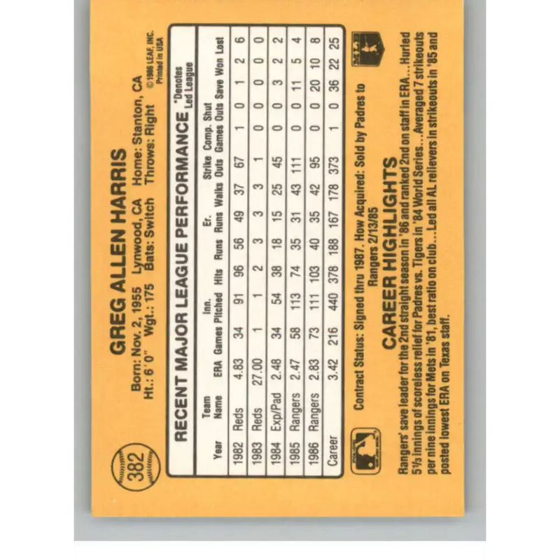 1987 Donruss #382 Greg Harris EX Excellent Texas Rangers Baseball Card - Baseball Card Single