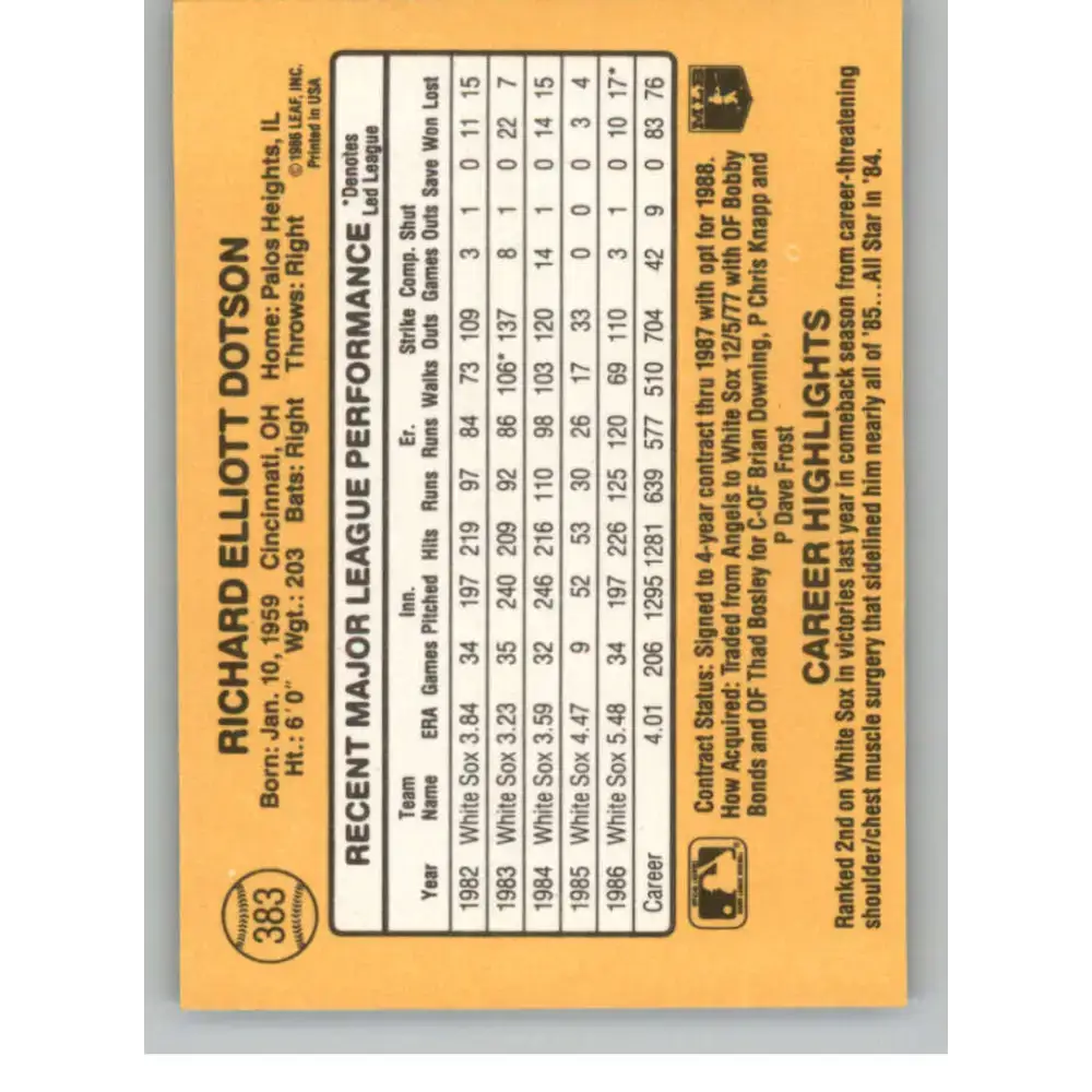 1987 Donruss #383 Richard Dotson EX Excellent Chicago White Sox Baseball Card - Baseball Card Single