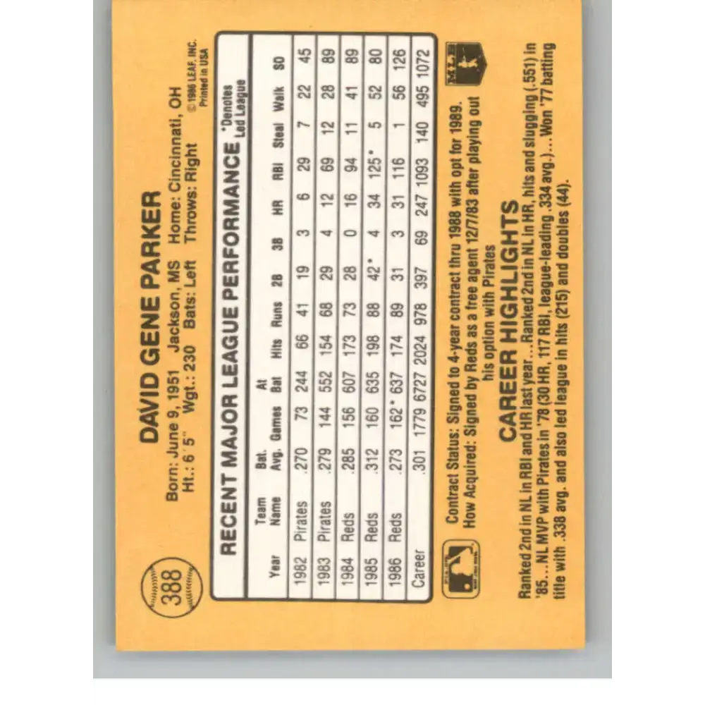 1987 Donruss #388 Dave Parker EX Excellent Cincinnati Reds Baseball Card