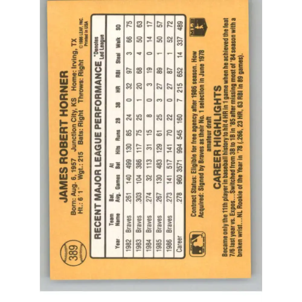 1987 Donruss #389 Bob Horner EX Excellent Atlanta Braves Baseball Card