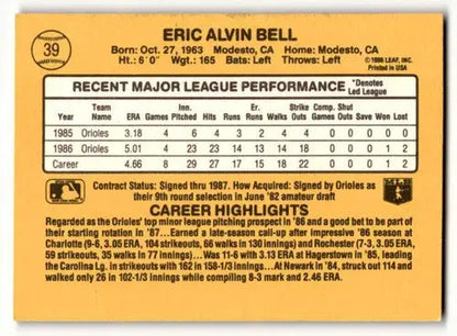 1987 Donruss #39 Eric Bell Baltimore Orioles Baseball Cards EX/NM ID:58489