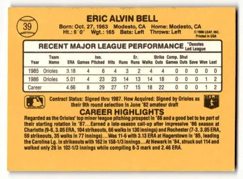 1987 Donruss #39 Eric Bell Baltimore Orioles Baseball Cards EX/NM ID:58489 - Baseball Card Single