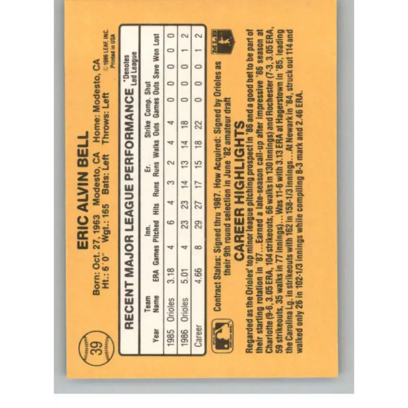 1987 Donruss #39 Eric Bell EX Excellent RC Rookie Baltimore Orioles Baseball Card - Baseball Card Single