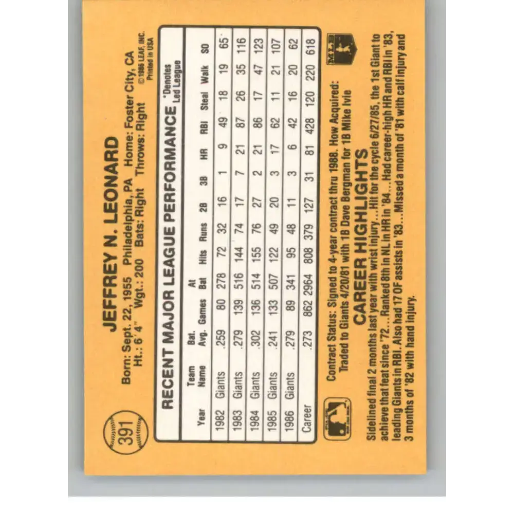 1987 Donruss #391 Jeffrey Leonard EX Excellent San Francisco Giants Baseball Card - Baseball Card Single