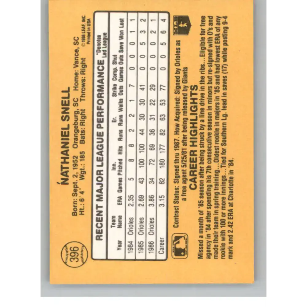 1987 Donruss #396 Nate Snell EX Baltimore Orioles Baseball Card - Baseball Card Single