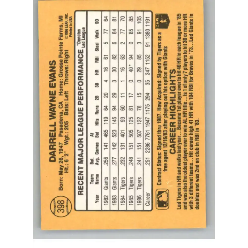 1987 Donruss #398 Darrell Evans EX Excellent Detroit Tigers Baseball Card - Baseball Card Single