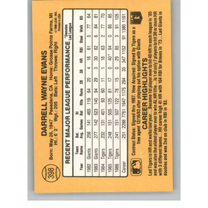 1987 Donruss #398 Darrell Evans EX Excellent Detroit Tigers Baseball Card - Baseball Card Single