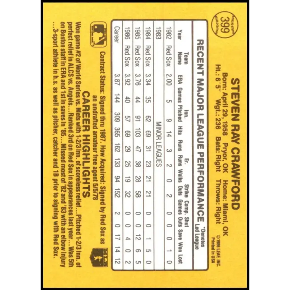 1987 Donruss #399 Steve Crawford EX Excellent Boston Red Sox Baseball Card - Baseball Card Single