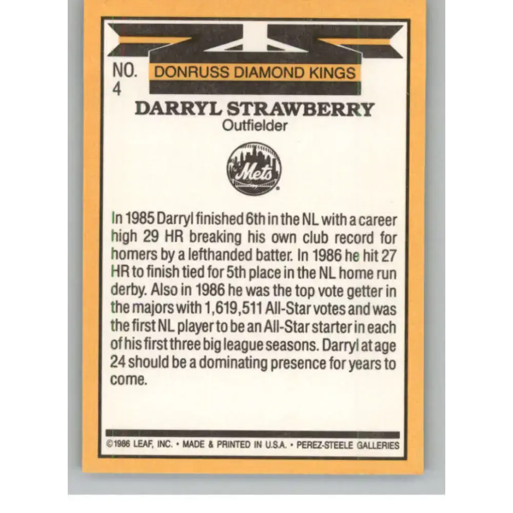 1987 Donruss #4 Darryl Strawberry EX Excellent New York Mets Baseball Card - Baseball Card Single