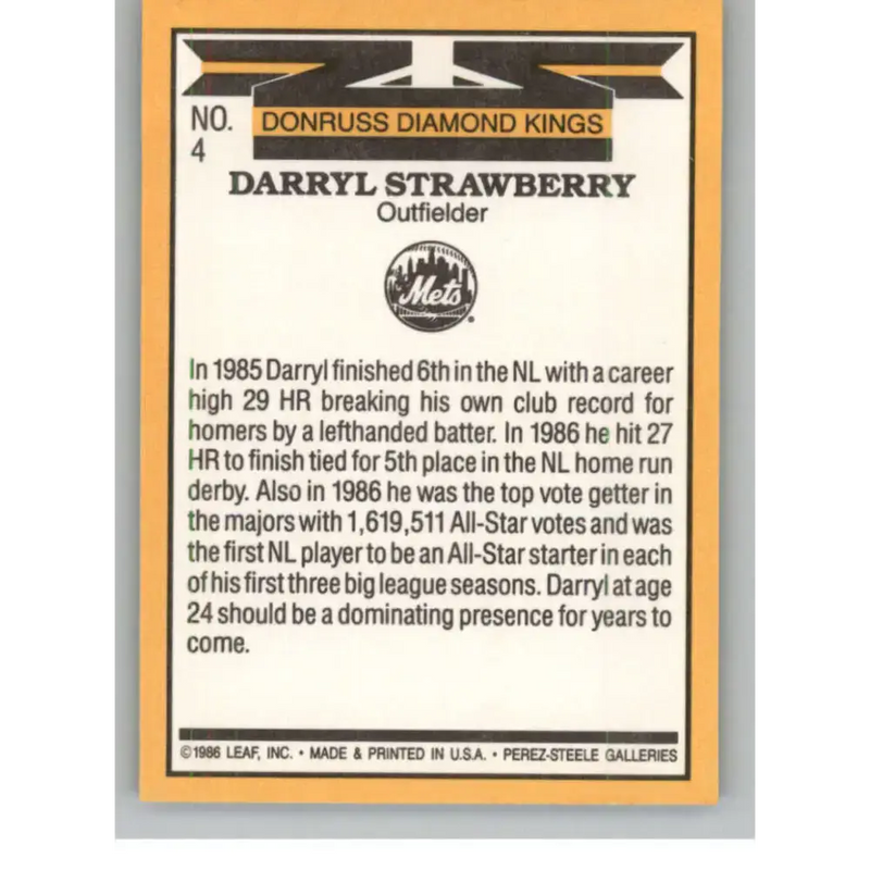 1987 Donruss #4 Darryl Strawberry EX Excellent New York Mets Baseball Card - Baseball Card Single