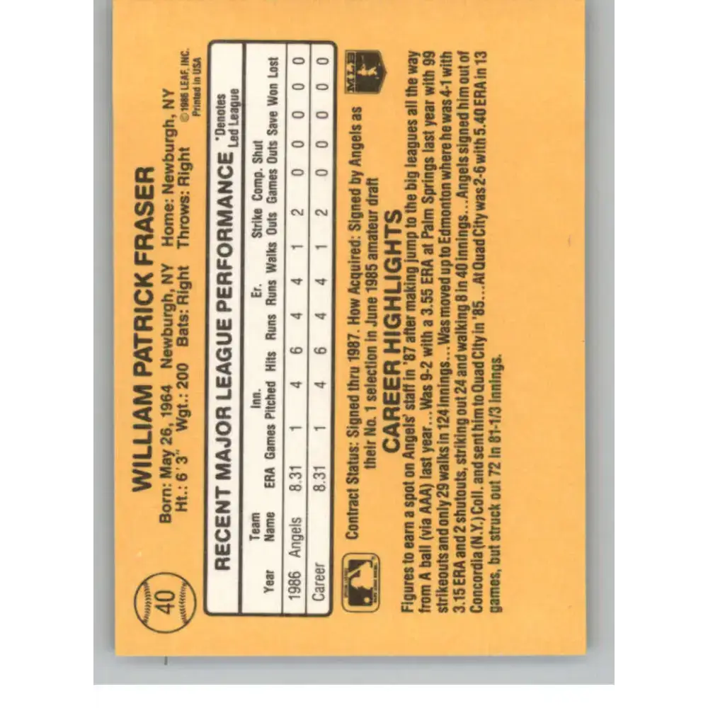 1987 Donruss #40 Willie Fraser EX Excellent RC Rookie California Angels Baseball Card - Baseball Card Single