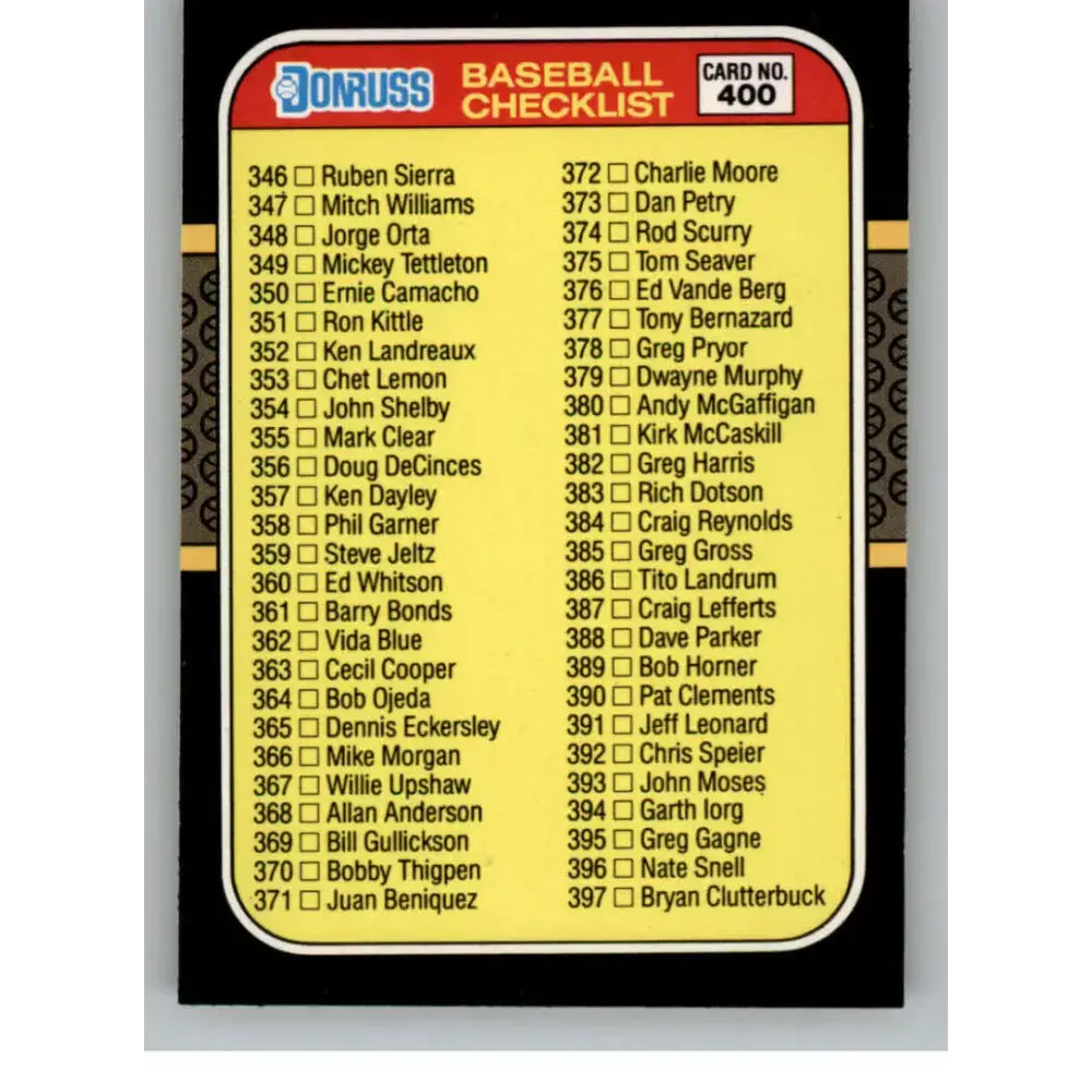 1987 Donruss #400 Checklist 346-451 EX Excellent Baseball Card - Baseball Card Single