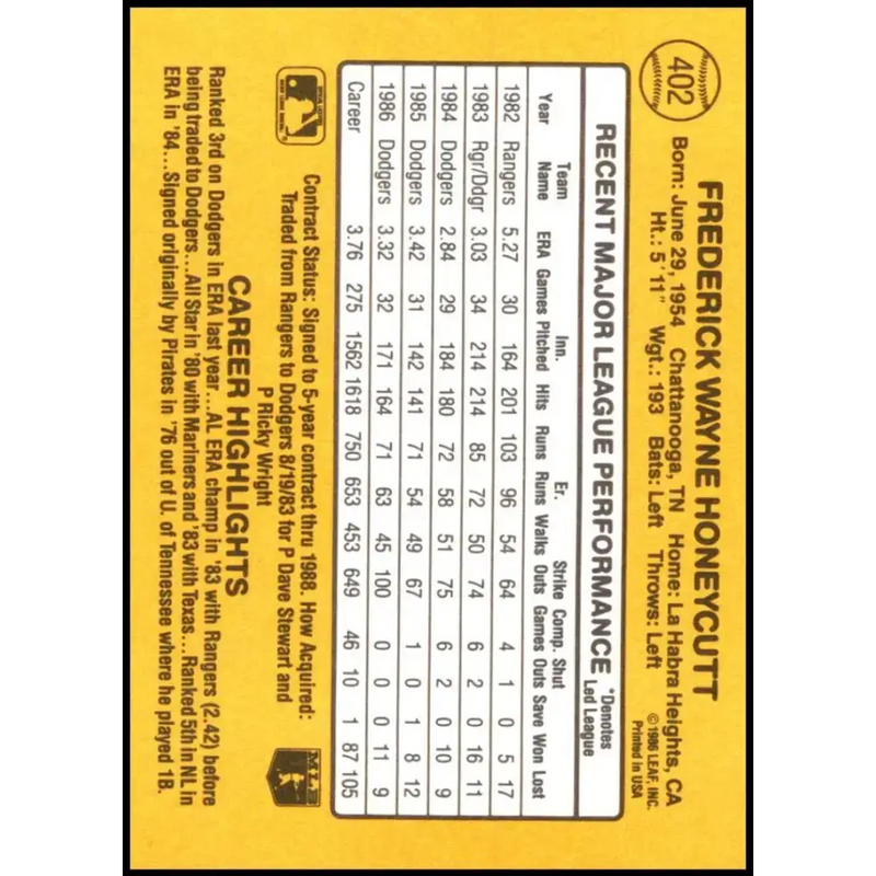 1987 Donruss #402 Rick Honeycutt EX Excellent Los Angeles Dodgers Baseball Card - Baseball Card Single