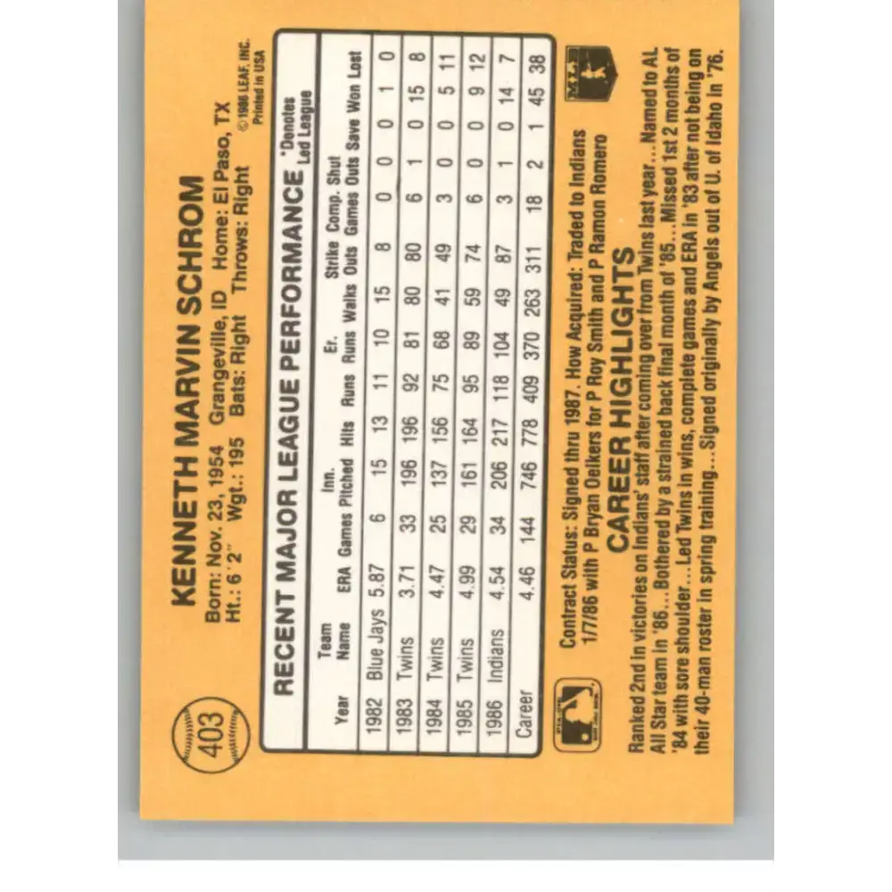 1987 Donruss #403 Ken Schrom EX Excellent Cleveland Indians Baseball Card - Baseball Card Single
