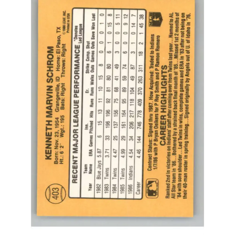 1987 Donruss #403 Ken Schrom EX Excellent Cleveland Indians Baseball Card - Baseball Card Single