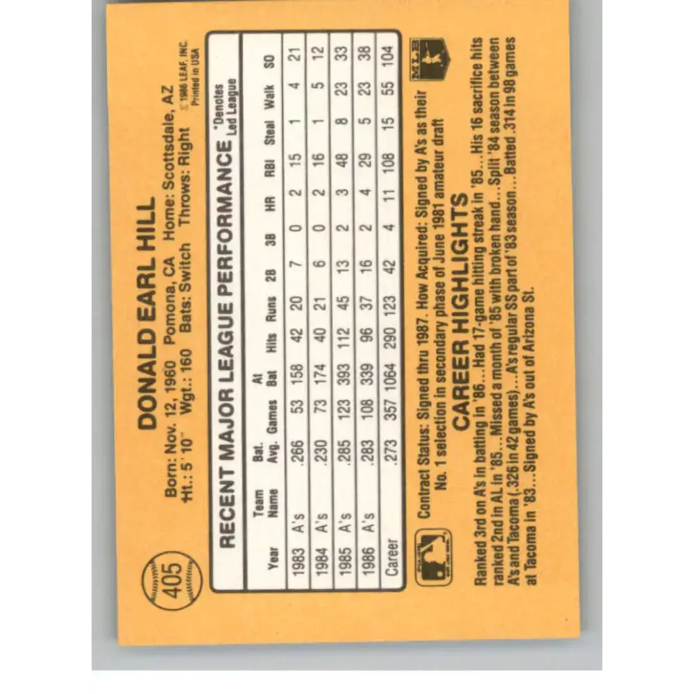 1987 Donruss #405 Donnie Hill EX Excellent Oakland Athletics Baseball Card - Baseball Card Single