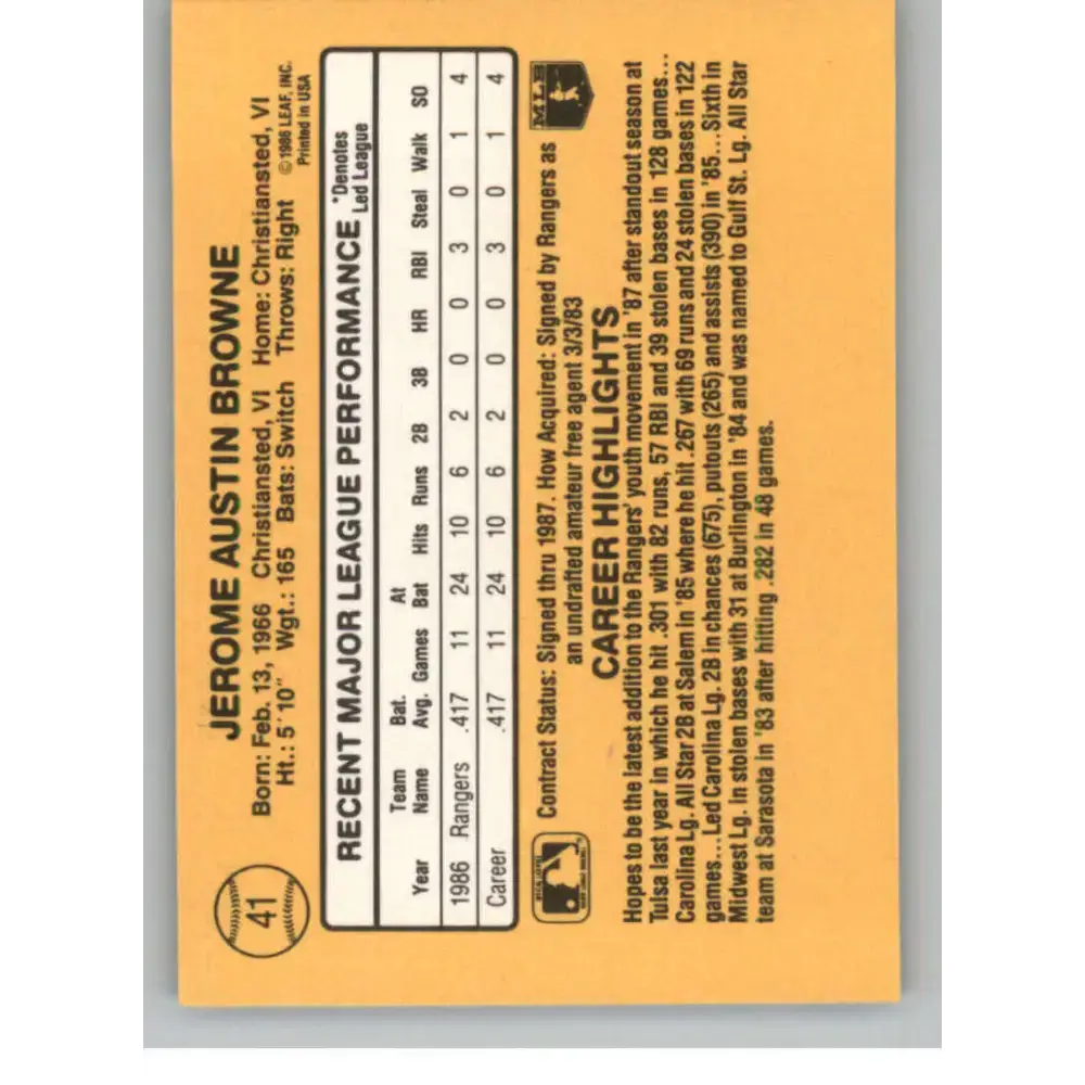 1987 Donruss #41 Jerry Browne EX Excellent RC Rookie Texas Rangers Baseball Card