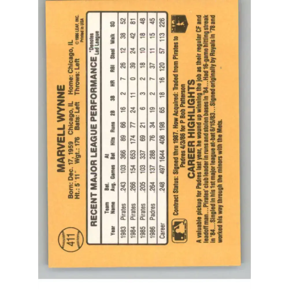1987 Donruss #411 Marvell Wynne EX Excellent San Diego Padres Baseball Card - Baseball Card Single