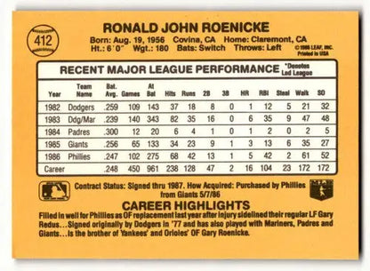 1987 Donruss #412 Ron Roenicke Philadelphia Phillies Baseball Cards ID:59127