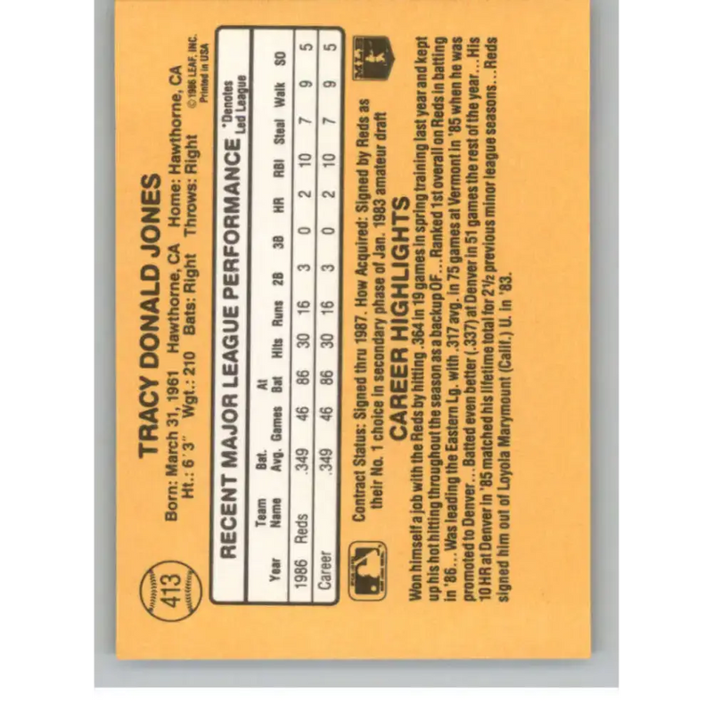 1987 Donruss #413 Tracy Jones EX Excellent RC Rookie Cincinnati Reds Baseball Card - Baseball Card Single