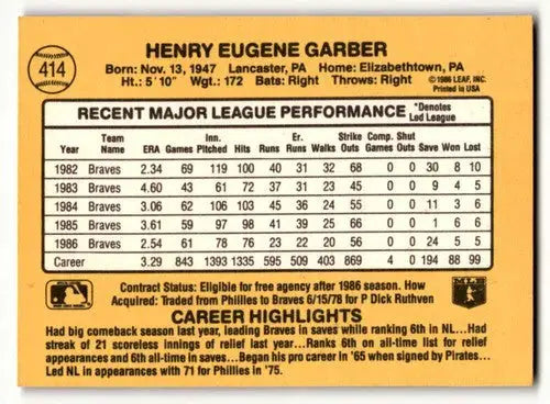 Original gloss Gene Garber Atlanta Braves baseball card from 1987 Donruss #414