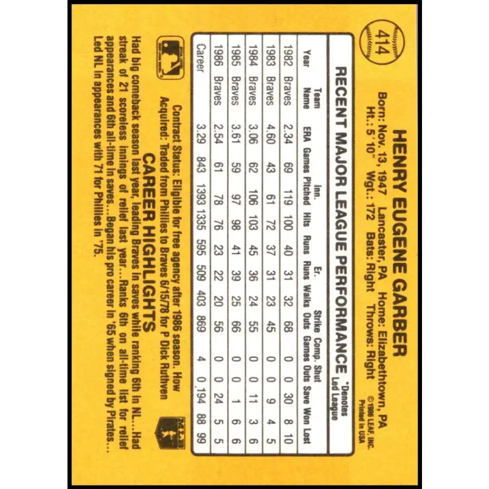 1987 Donruss #414 Gene Garber EX Excellent Atlanta Braves Baseball Card - Baseball Card Single