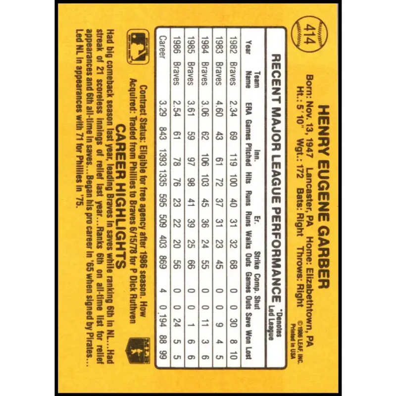 1987 Donruss #414 Gene Garber EX Excellent Atlanta Braves Baseball Card - Baseball Card Single