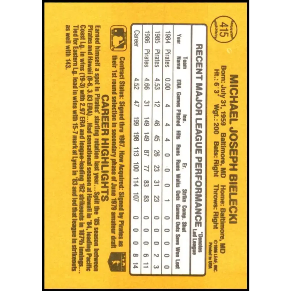 1987 Donruss #415 Mike Bielecki EX Excellent Pittsburgh Pirates Baseball Card - Baseball Card Single