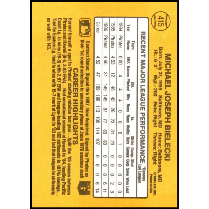 1987 Donruss #415 Mike Bielecki EX Excellent Pittsburgh Pirates Baseball Card - Baseball Card Single