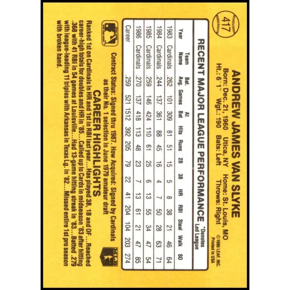 1987 Donruss #417 Andy Van Slyke EX Excellent St. Louis Cardinals Baseball Card - Baseball Card Single