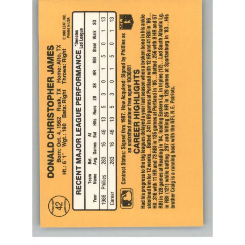 1987 Donruss #42 Chris James EX Excellent RC Rookie Philadelphia Phillies Baseball Card - Baseball Card Single