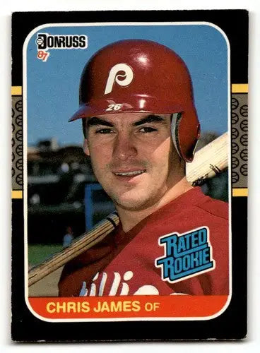 1987 Donruss Chris James Phillies baseball card with original gloss displaying Philadelphia Phillies player