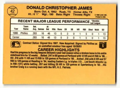 Baseball card back featuring original gloss of Chris James Philadelphia Phillies card
